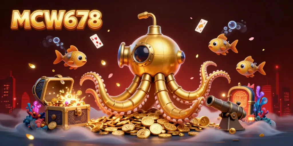 Experience thrilling gameplay with MCW678, featuring a golden kraken submarine amidst a treasure sea.