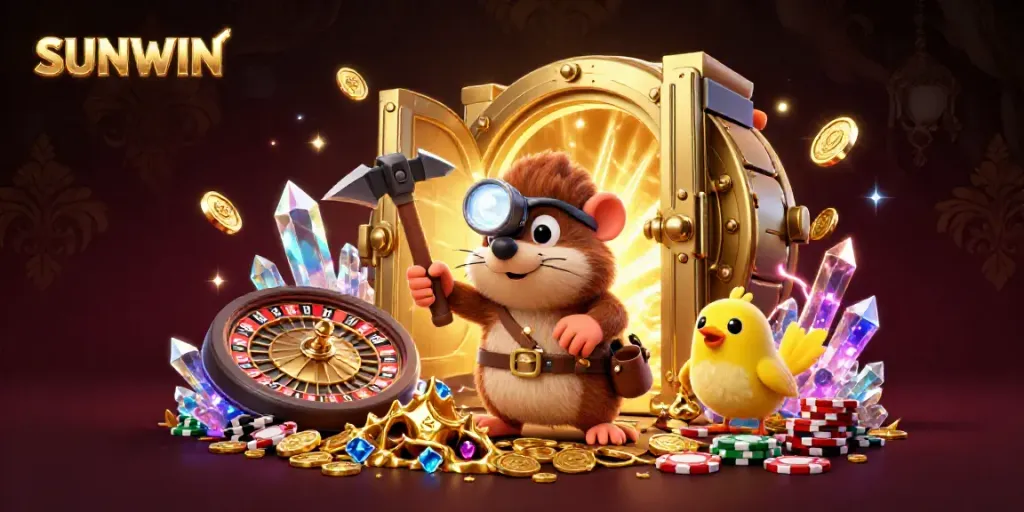 SUNWIN gaming scene with a cartoon mole treasure hunter and dynamic casino elements.