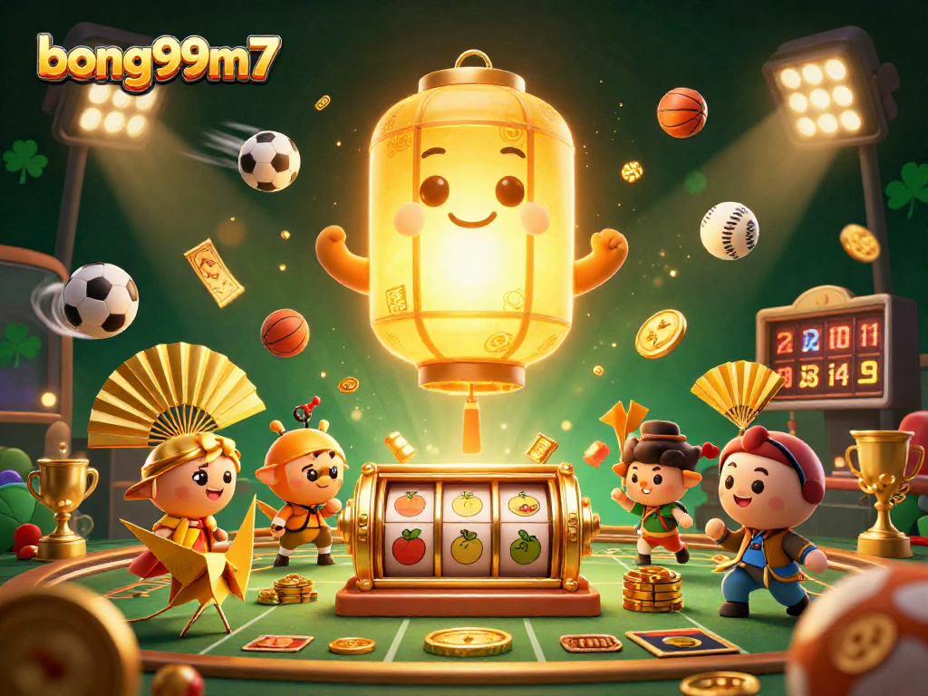Experience thrilling gameplay at bong99m7, a casino scene featuring a glowing lantern spirit and dynamic sports elements.