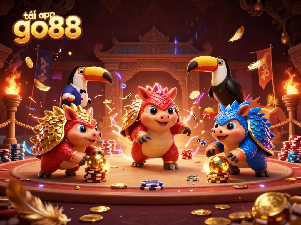 Engage in the excitement of tải app go88 with lively pangolins and poker chips in a vibrant casino scene.