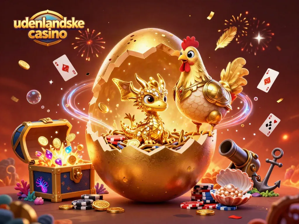 Experience the thrill of udenlandske casino with a vibrant 3D illustration of a golden dragon and poker chips.