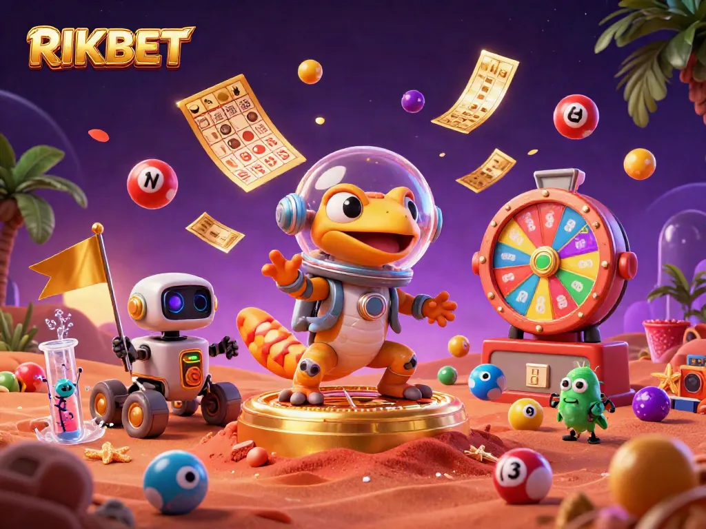Experience RIKBET excitement with a Martian gecko unveiling a golden casino hidden in Mars sand.