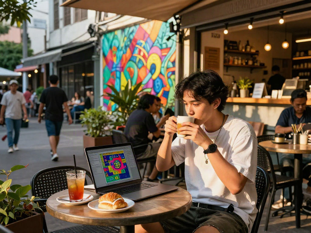Person enjoying coffee and working on rokok 88 project at a vibrant café terrace.