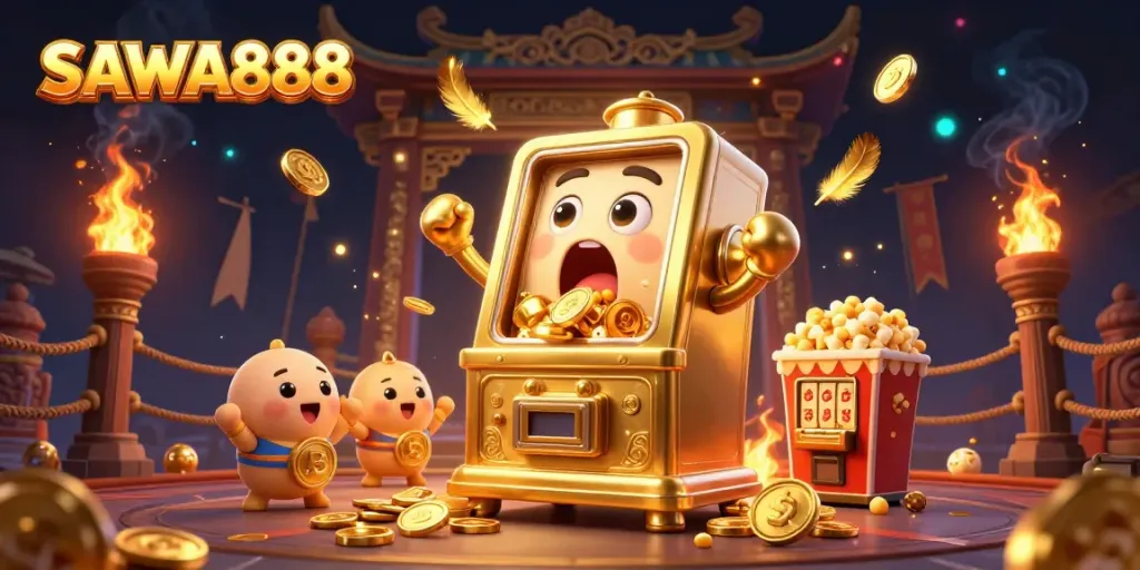 SAWA888 slot machine celebrating a jackpot with cheering companions in a vibrant casino scene.