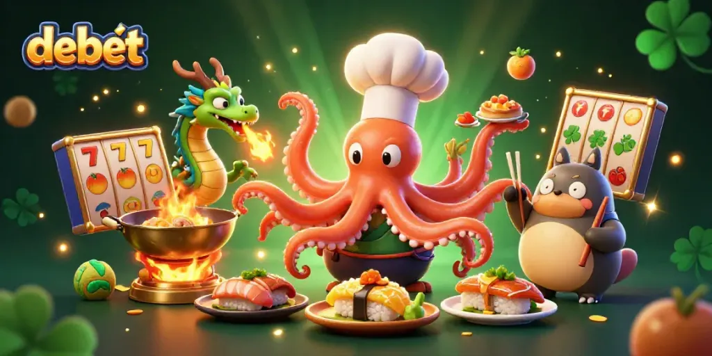 Experience the thrill of debet with an illustrated casino scene featuring vibrant game elements and characters.