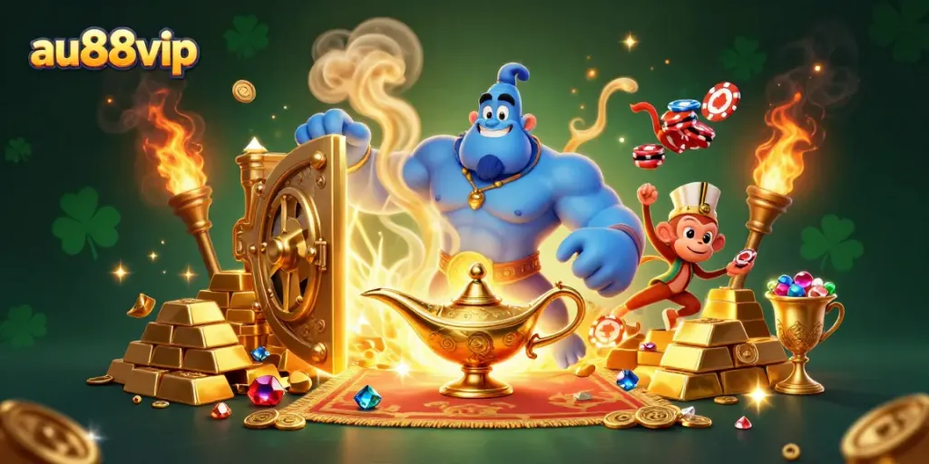 Engaging scene showcasing the 3D cartoon characters au88vip, including a genie and magic carpet, surrounded by treasures.