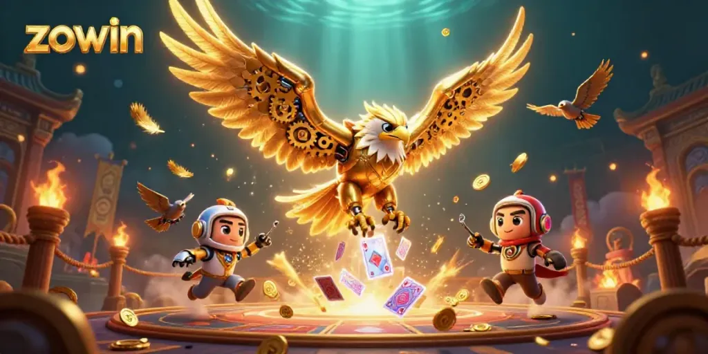 Engage with Zowin's thrilling casino experience featuring a cybernetic eagle, holographic cards, and dynamic gameplay.