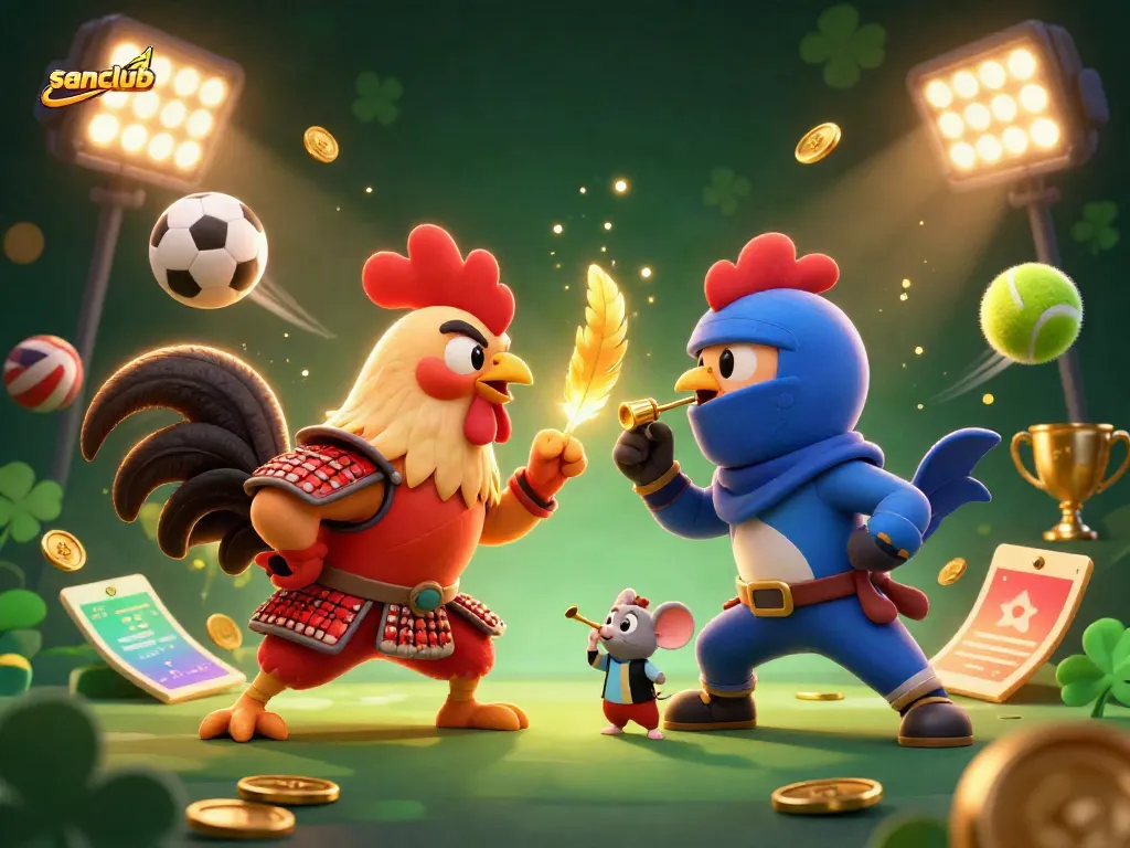 Witness an epic showdown between sanclub's cartoon roosters amidst lively casino elements.