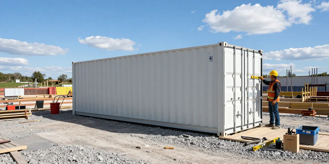 Container aufstellen Fundament auf einem ideal vorbereiteten Kiesfundament durch Bauarbeiter, Werkzeug und Ausrüstung sichtbar.