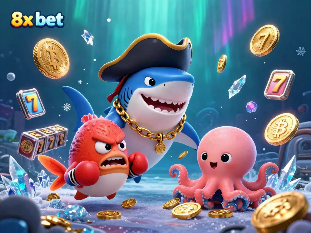 Experience the adventure in 8x bet with our cartoon characters amidst thrilling casino elements.