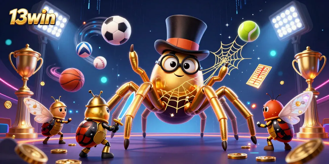 Experience the thrill of 13win with a golden tarantula and beetle knight in an epic casino scene.