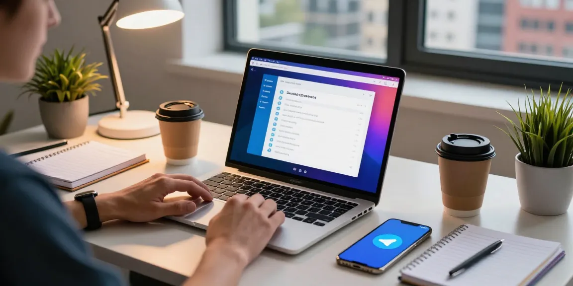 Customize Telegram中文 settings in a modern tech workspace with laptop and smartphone.