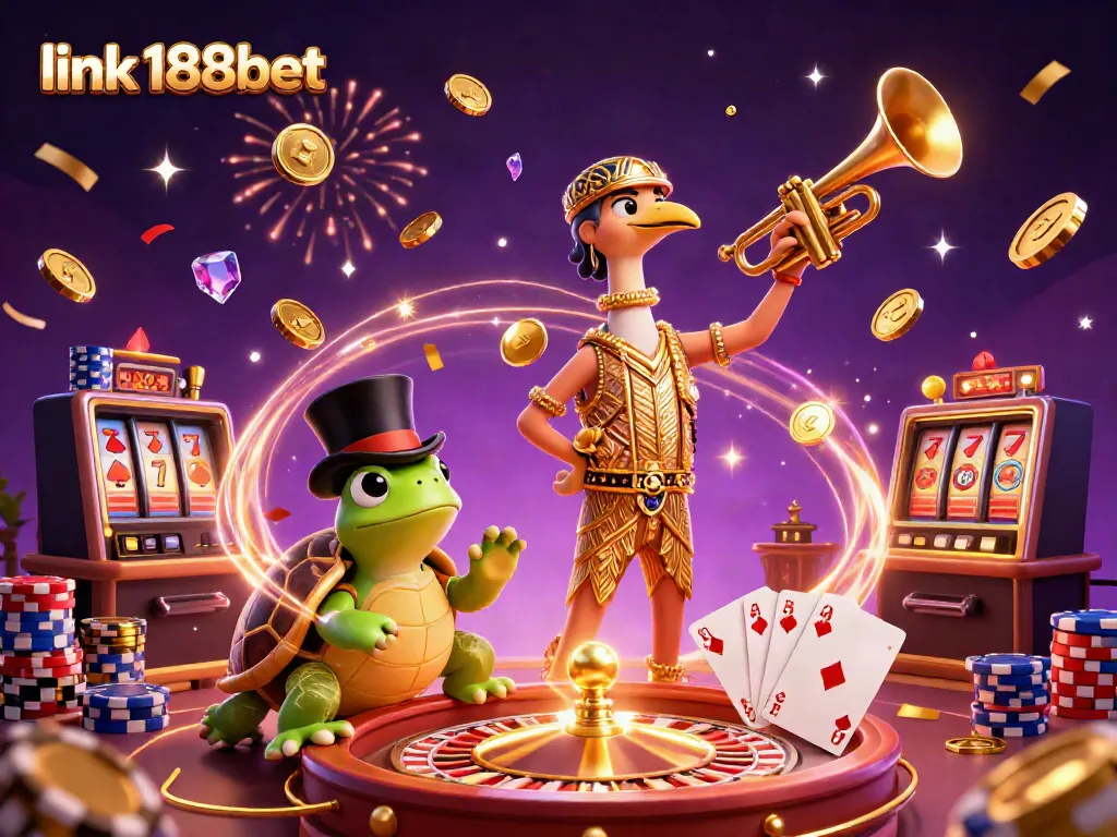 Engage with link 188bet in a vibrant 3D casino scene featuring playful characters and exciting game elements.