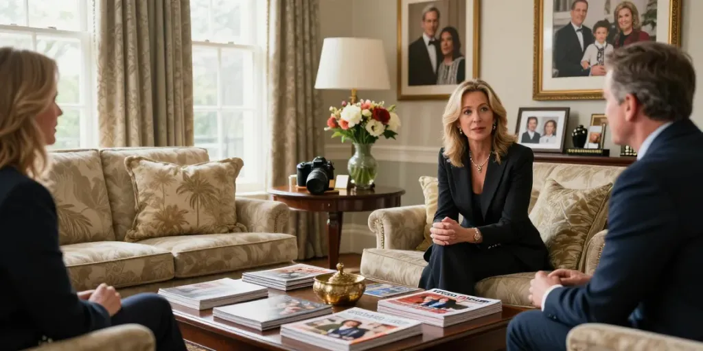 Tucker Carlson Wife Heiress Net Worth represented by Susan Andrews in a luxurious living room, reflecting her family's legacy.