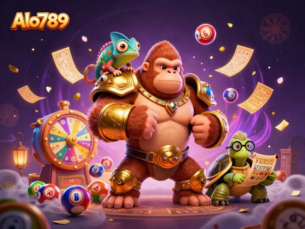 Alo789 featuring a powerful gorilla king and wise tortoise amid colorful lottery elements in a dynamic casino scene.