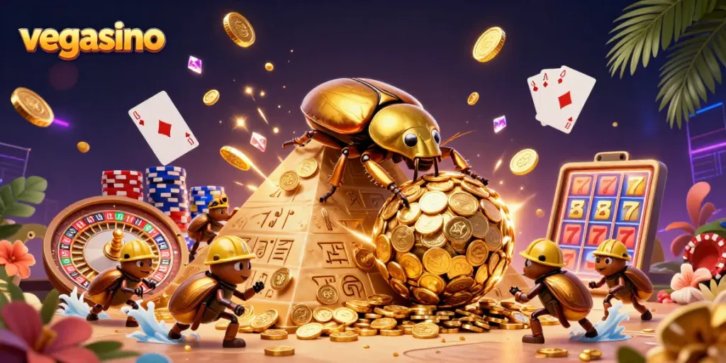 Experience the thrill of vegasino with golden coins and vibrant casino action in this dynamic illustration.