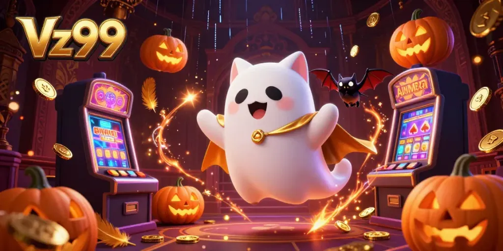 Experience the enchanting Vz99 casino with a ghost cat, vampire bat, and glowing jack-o-lanterns.
