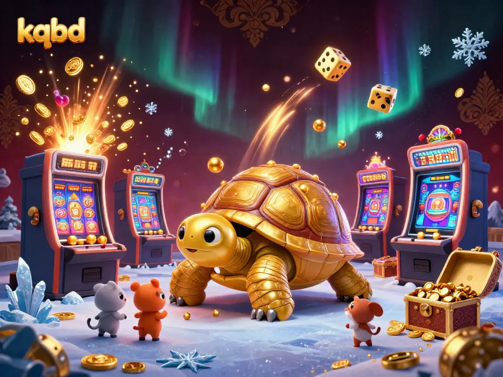 Engage with kqbd's thrilling jackpot scene featuring a golden tortoise pinball machine, casino symbols, and eager animals.