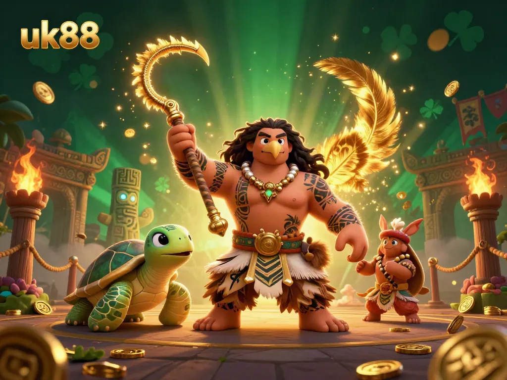 Wager and win with uk88: A vibrant 3D scene featuring a demigod hawk and turtle in an online casino setting.
