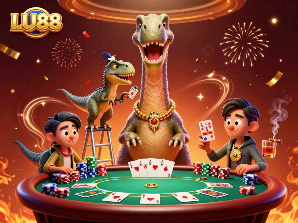 Experience thrilling gaming with LU88, where a 3D brontosaurus oversees a vibrant poker scene, showcasing excitement.