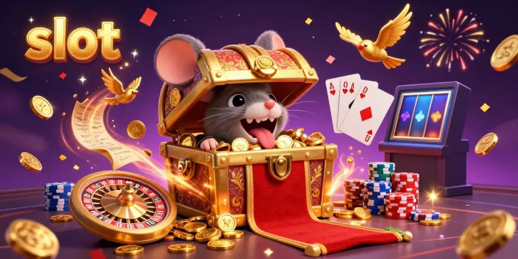 Engage with enchanting slot adventures in a vibrant casino-themed illustration featuring a golden treasure chest.
