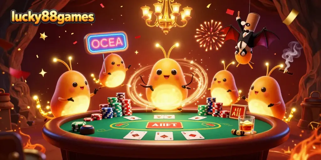Play at lucky88games with vibrant glowworms lighting a thrilling casino scene.