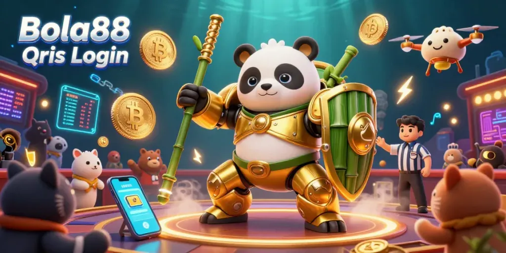 Bola88 Qris Login showcases a vibrant casino scene with a golden panda robot engaged in action.