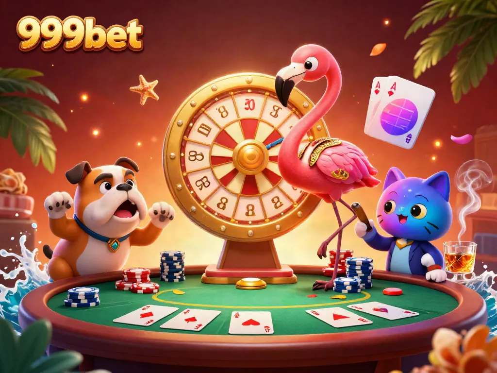 Experience the excitement of 999bet with a vibrant 3D illustration of a gold prize wheel and engaging characters.
