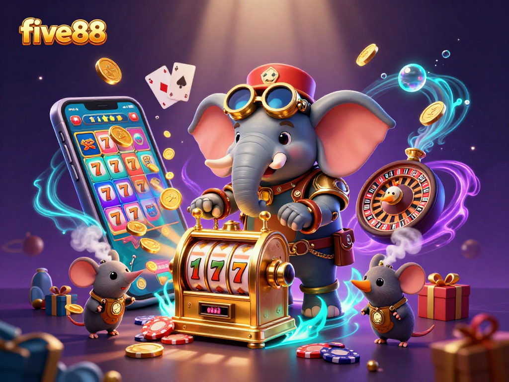Experience thrilling entertainment with five88's dazzling 3D steampunk casino illustration, featuring exciting gaming elements.