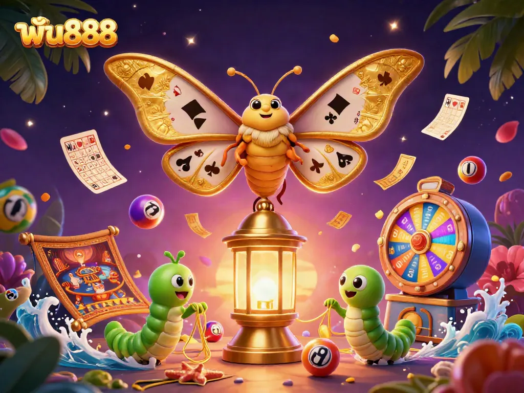Engage in thrilling gameplay at ฟัน888 with vivid lottery elements and a majestic atlas moth.