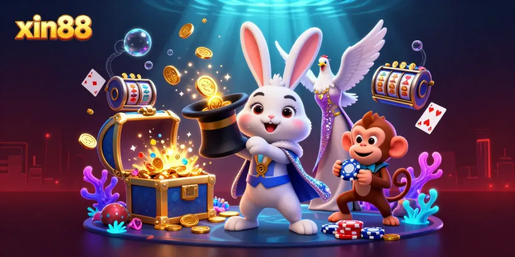Experience the excitement of xin88 with a vibrant 3D casino scene featuring magical characters and dynamic casino elements.