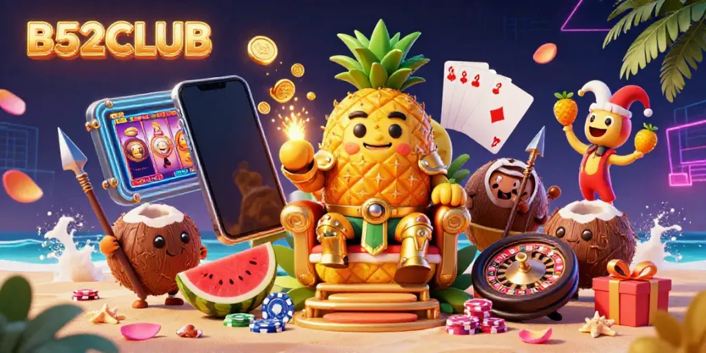 Engage with B52CLUB's vibrant casino scene showcasing a golden pineapple king among colorful gaming elements.