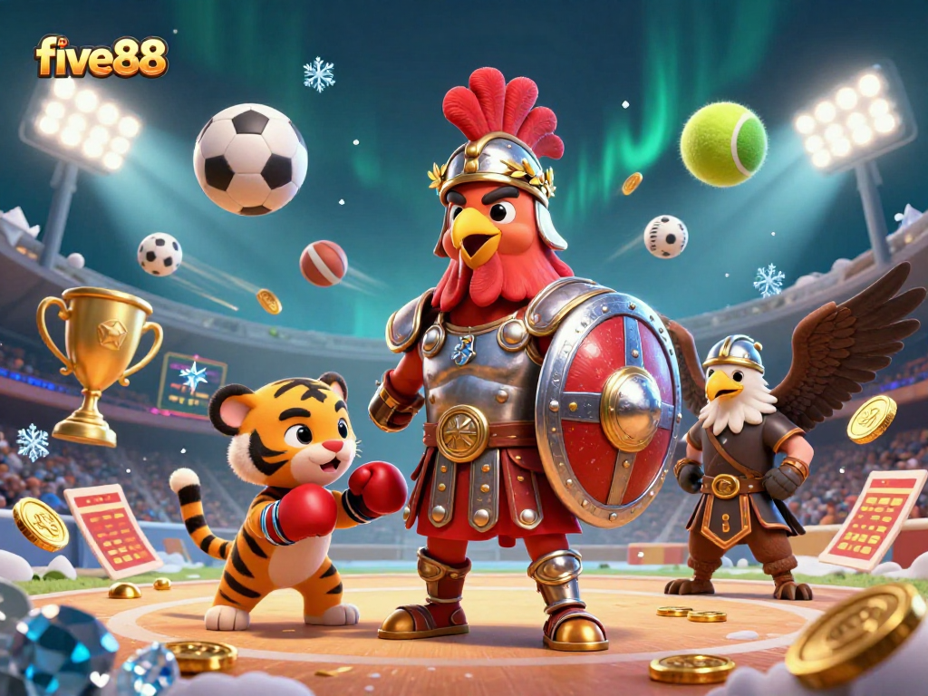 Engage with five88, as a gladiatorial rooster champions thrilling sports action in this dynamic casino illustration.