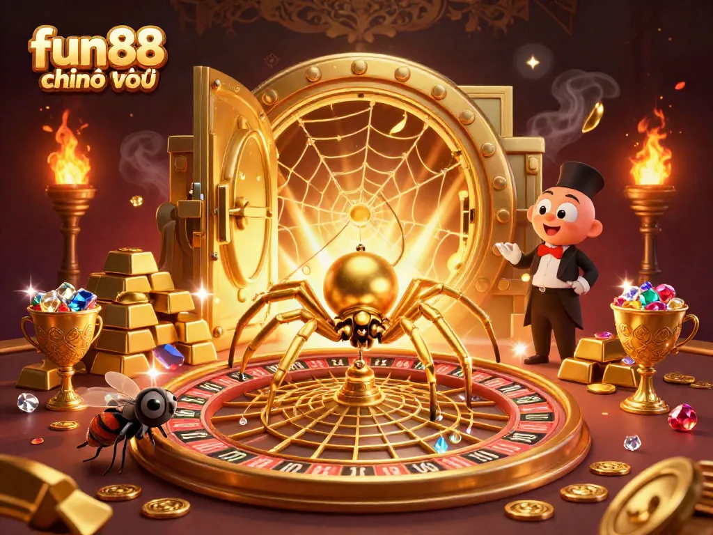 Experience fun88 chính thức with a vibrant illustrated casino scene featuring dynamic characters and golden treasures.