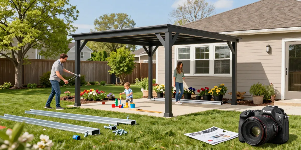 Carport-Bau im heimischen Garten mit Familie, Vater montiert Carport, Mutter gärtnern.