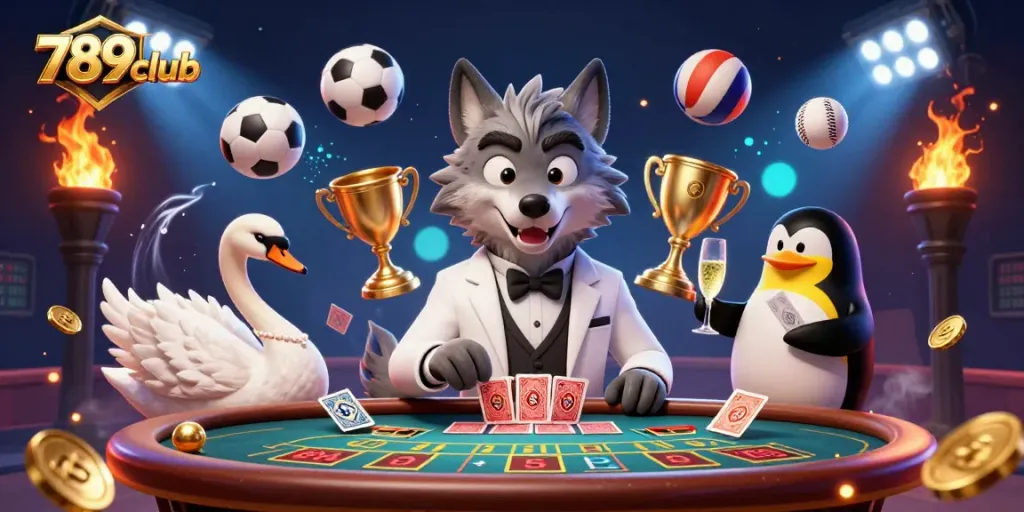 Engage with thrilling games at 789club featuring a debonair wolf, dealing cards elegantly in a vibrant casino.