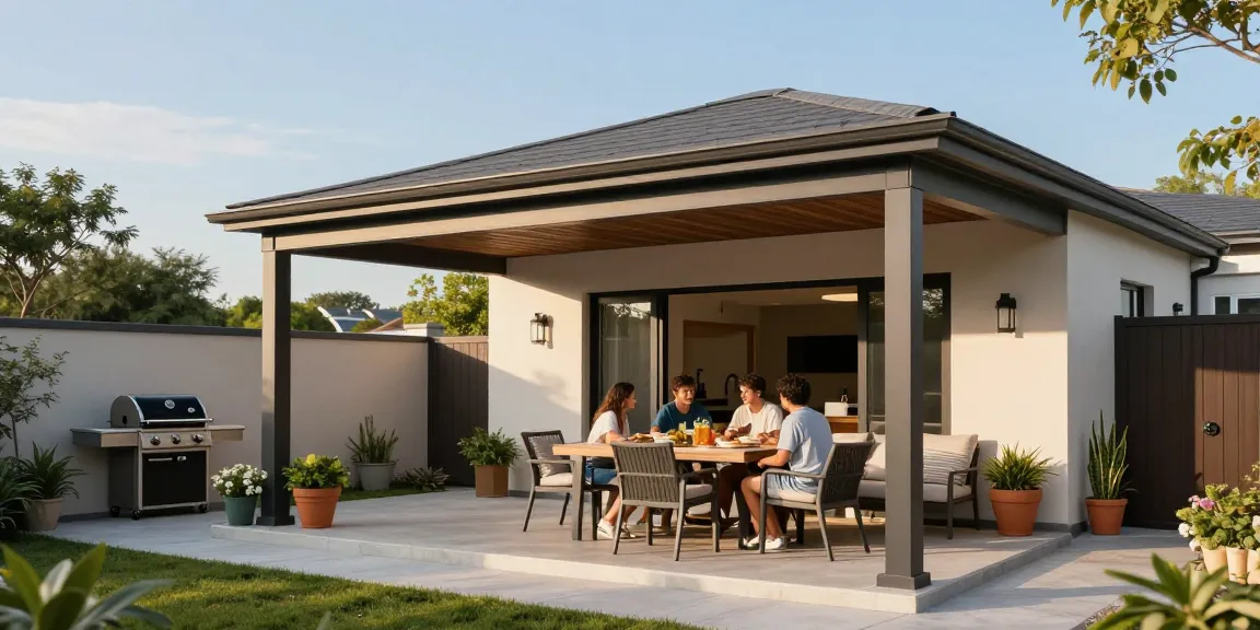 Wunderbare freistehende Terrassenüberdachung mit Familie beim Essen im Garten