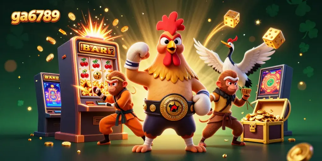 Witness the ga6789 thrill as a Muay Thai rooster and friends celebrate a jackpot win in a vibrant casino scene.
