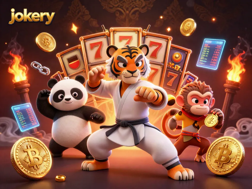 Win big with jokery in this vibrant, action-packed slot scene featuring a dynamic kung fu tiger and playful characters.