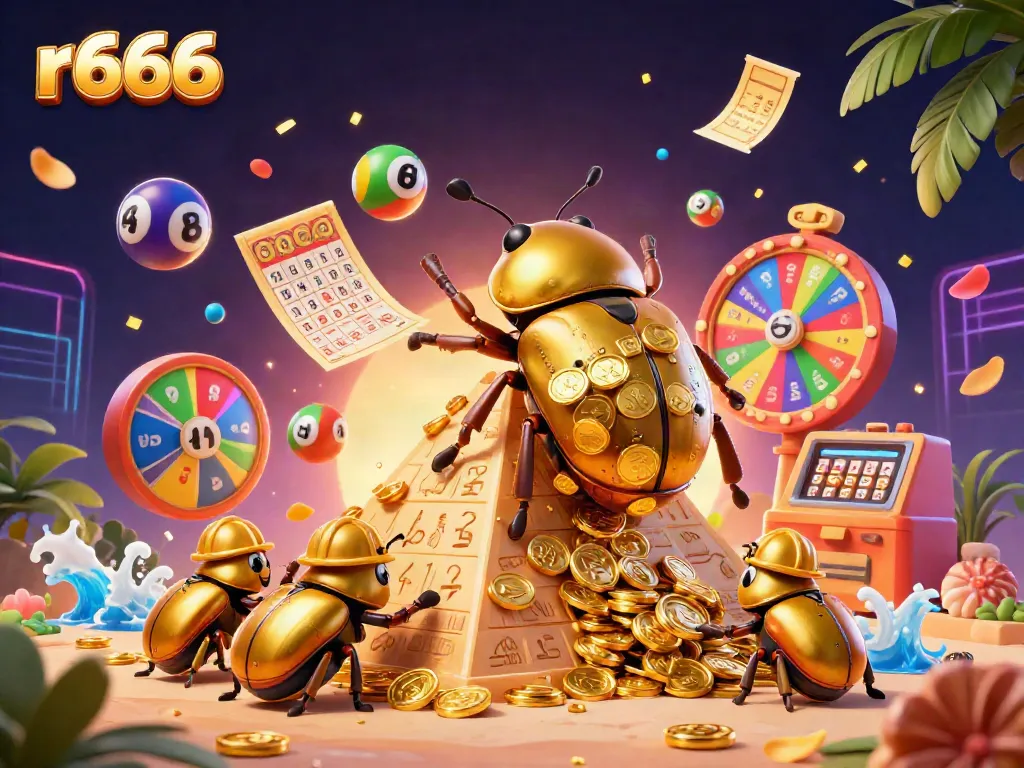 Engage in the vibrant gaming world of r666 with golden beetles and colorful lottery elements.