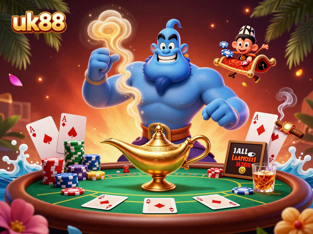 Play exciting games at uk88 with a muscular genie and a wealthy atmosphere filled with poker chips.
