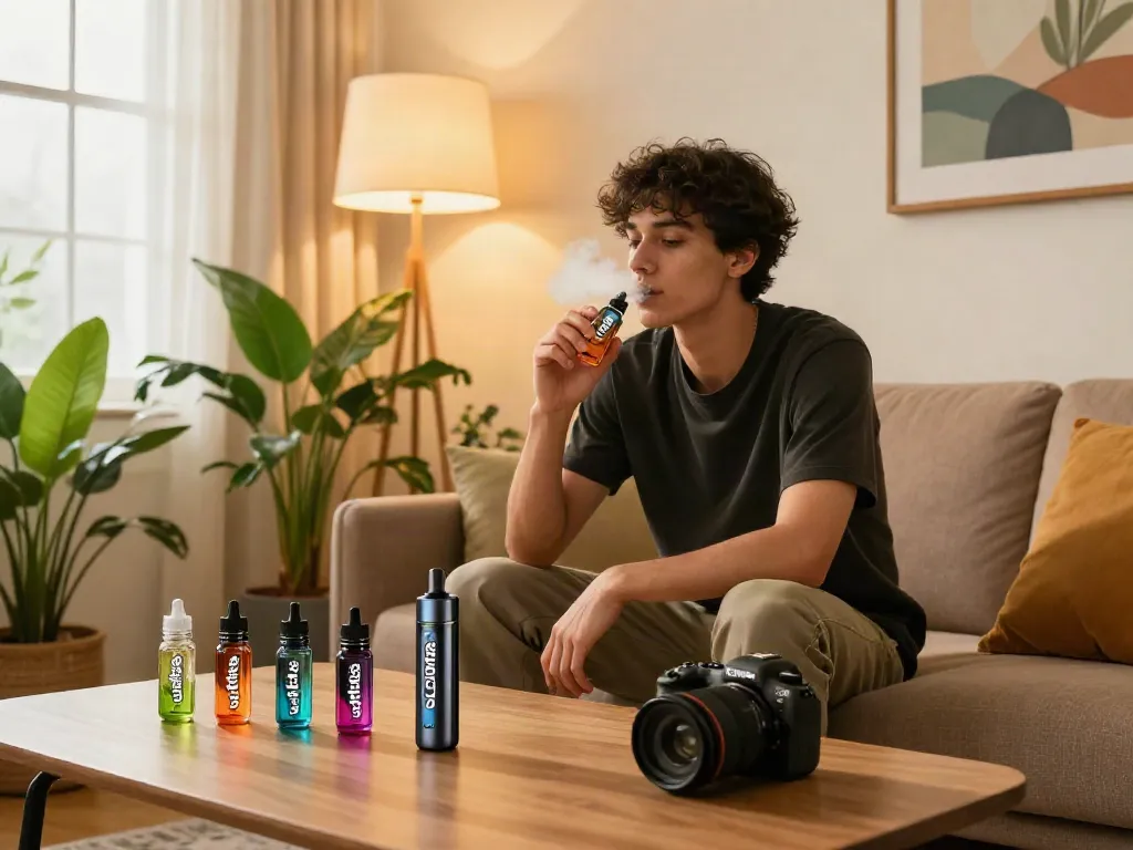 Enjoying Elfbar Elfliq e-liquid in a cozy modern apartment setting