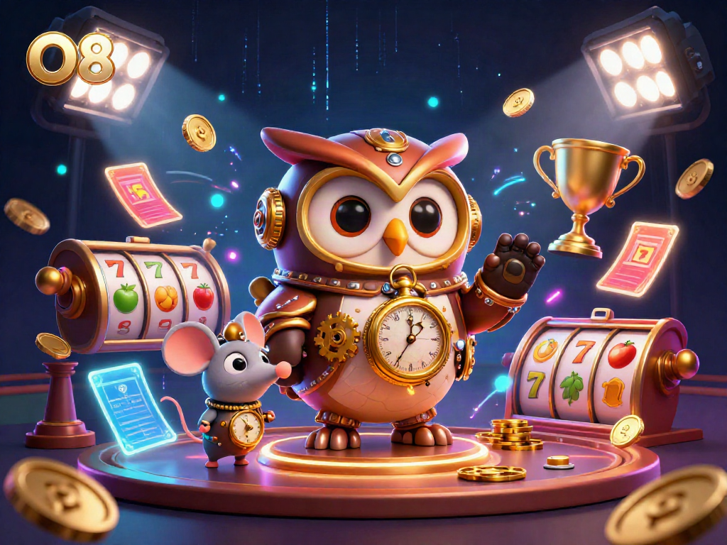 O8 showcases a lively casino scene with a steampunk owl amid vibrant slot machines and golden coins.