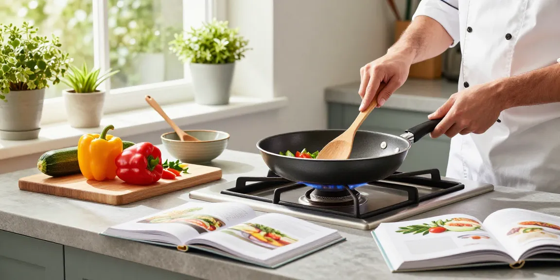 Chef kocht mit einer PTFE freien Pfanne in einer modernen Küche und zeigt gesunde Zutaten.