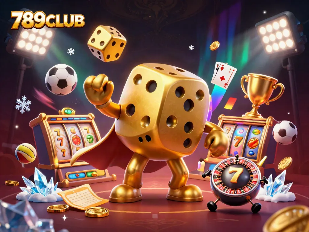 Join the excitement at 789CLUB with dynamic golden dice, lively sports elements, and vibrant casino atmosphere.