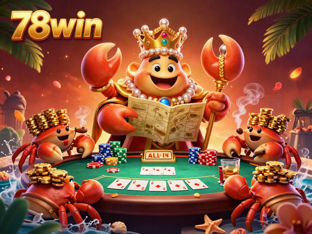Engage in thrilling gameplay with 78win's golden crab emperor and vibrant poker elements in this immersive 3D illustration.