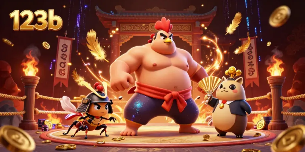 Watch the powerful sumo wrestler rooster engage in an epic showdown in the vibrant 123b casino scene
