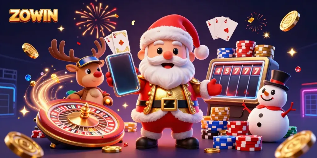 ZOWIN celebrates fun casino gaming with Santa, a reindeer dealer, and a snowman in a festive scene.