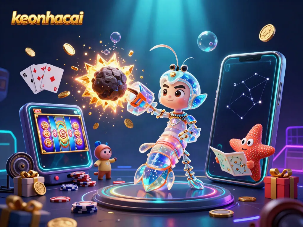 Engage with keonhacai through an imaginative scene of a mantis shrimp and starfish in a vibrant casino setting.