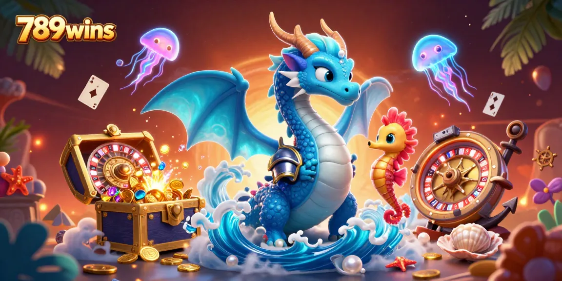 Engage in exciting gameplay with 789wins at a vivid casino scene featuring a water dragon, seahorse knight, and vibrant game elements.
